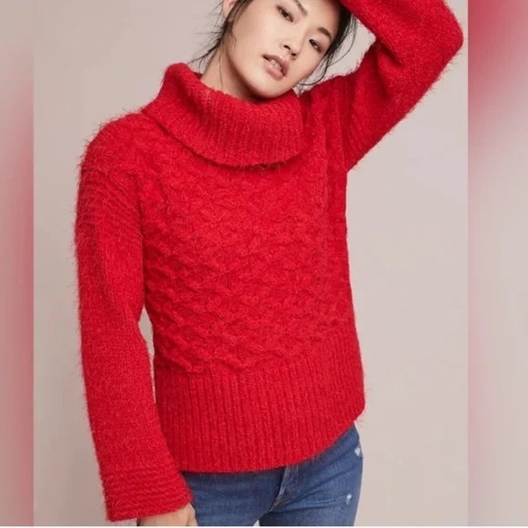 Anthropologie Sleeping on Snow Red Chunky Torridon Turtleneck Sweater Medium - Picture 2 of 10